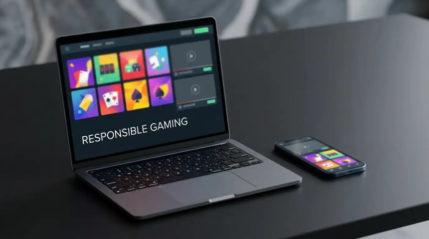 Laptop and smartphone displaying abstract game tiles on a tabletop.