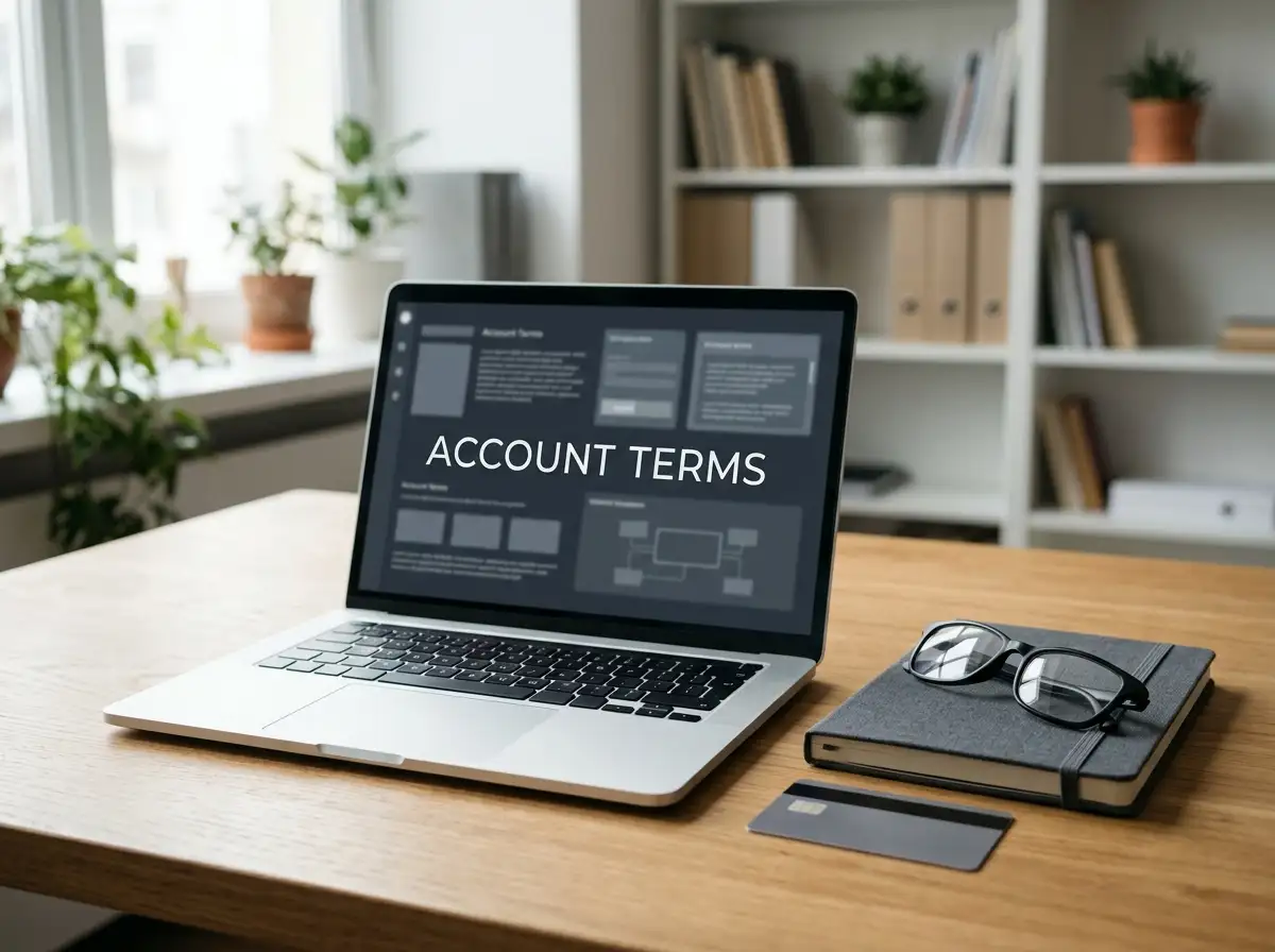 Laptop, notebook and reading glasses arranged on a desk for reviewing account terms.
