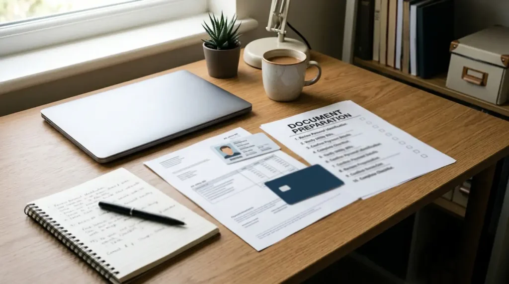Laptop beside generic identity and address documents on a tidy desk