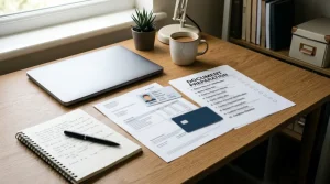 Laptop beside generic identity and address documents on a tidy desk