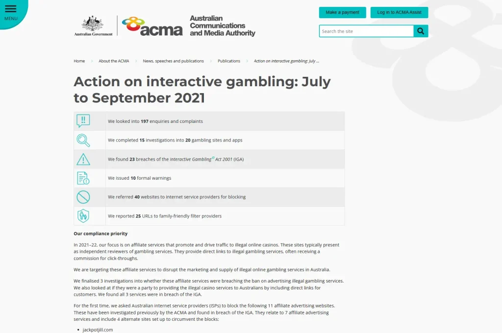 ACMA report page showing regulatory action involving Jackpot Jill