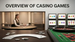 Casino game tables and slot-style screens arranged in a neutral editorial studio scene