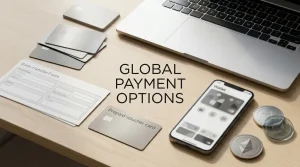 Payment cards, a bank-transfer form and abstract digital-asset tokens beside a laptop